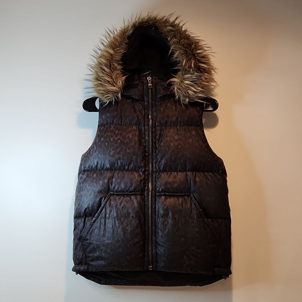 Authentic Coach Womens Animal Print Down Puffer Faux Fur Hoodie Vest Sz XS Brown